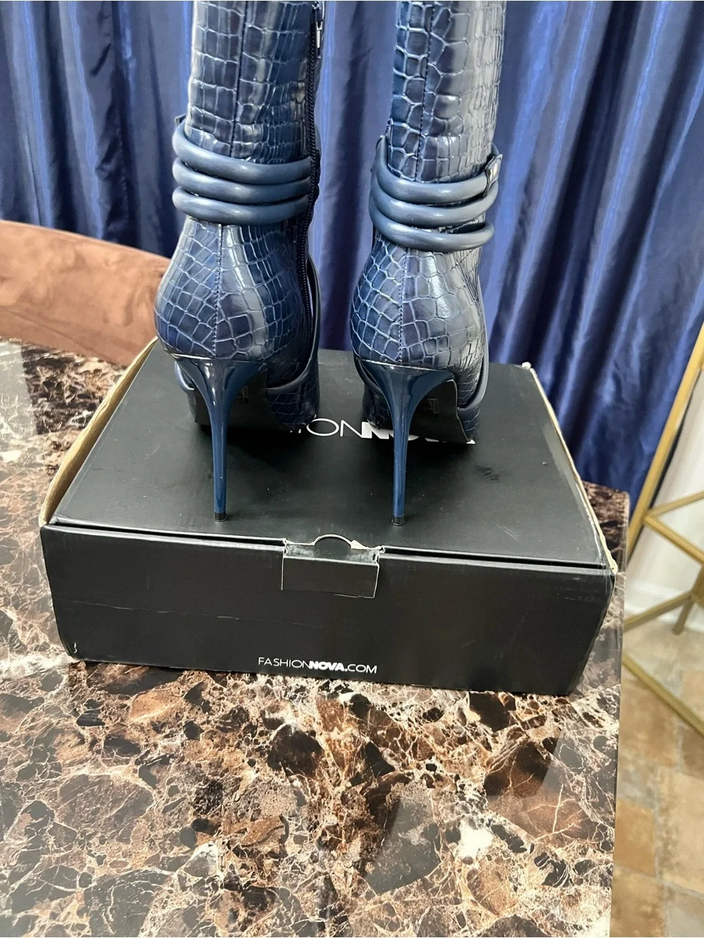 Fashion Nova Navy Croc-Embossed Stiletto Booties with Wrap Strap